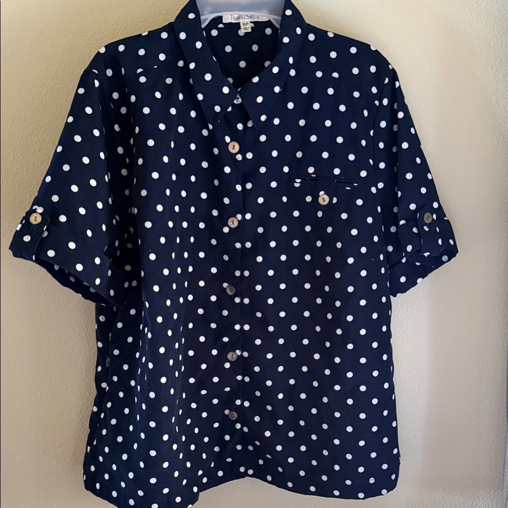 TravelSmith Navy Polka Dot Button-Up Blouse